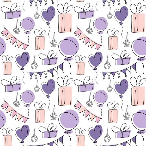 Nahtloses Muster, Geburtstagskritzelskizze. Handgezeichneter Hintergrund für eine Party, Urlaub für Kinder, Festival. Partydekoration - Vektor, Bild