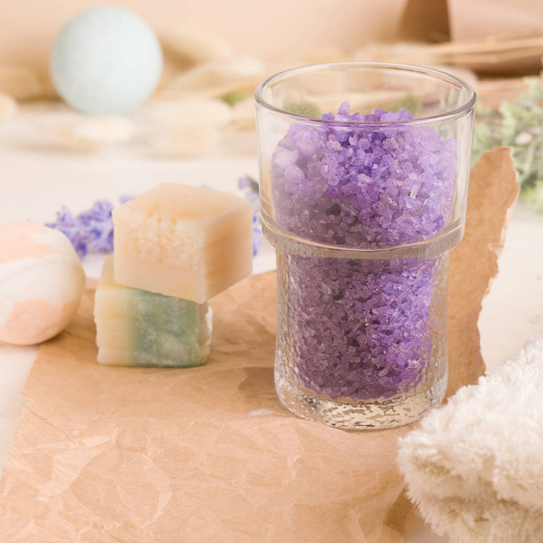 Lavender bath salt on light background - Photo, Image