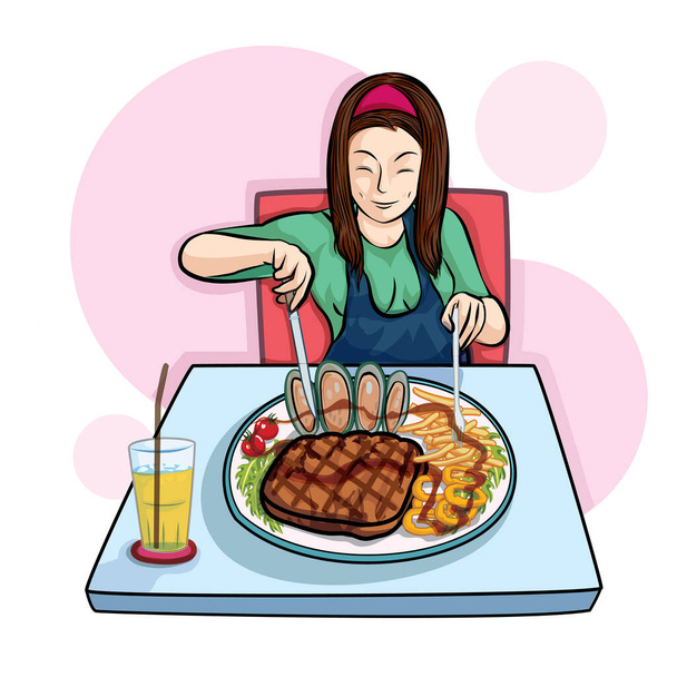 mooie vrouw eet combo set met heerlijke kappen cartoon vector - Vector, afbeelding