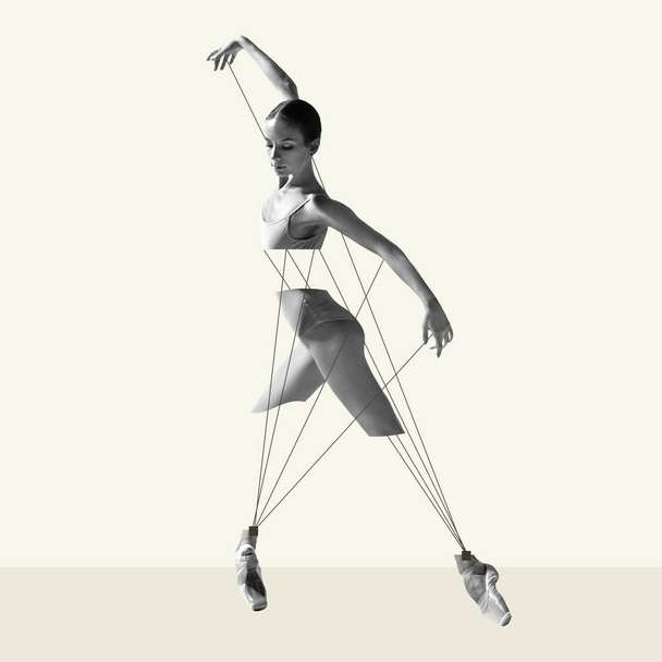 Modern design, contemporary art collage. Inspiration, idea, trendy urban magazine style. Ballet dancer like puppet on pastel background - Фото, зображення
