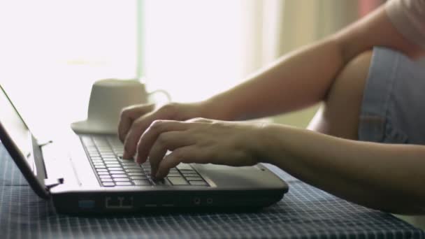 Mulher de negócios em vestido casual digitando no teclado do laptop e bebendo um café quente durante a quarentena em casa. Estudar e trabalhar com computador. Conceito de educação à distância. Trabalho em casa. - Filmagem, Vídeo