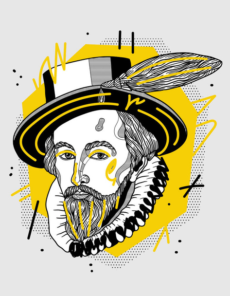 Líneas vectoriales ilustración dibujada a mano clásica. Sir Walter Raleigh - Vector, Imagen