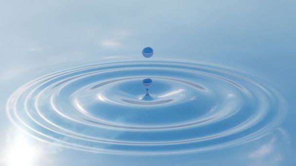 Concepto o gota de líquido azul conceptual que cae en el agua sobre el fondo con ondas y ondulaciones. 3d metáfora de la ilustración para la naturaleza, natural, verano, spa, fresco, negocio, medio ambiente, lluvia o salud  - Foto, Imagen