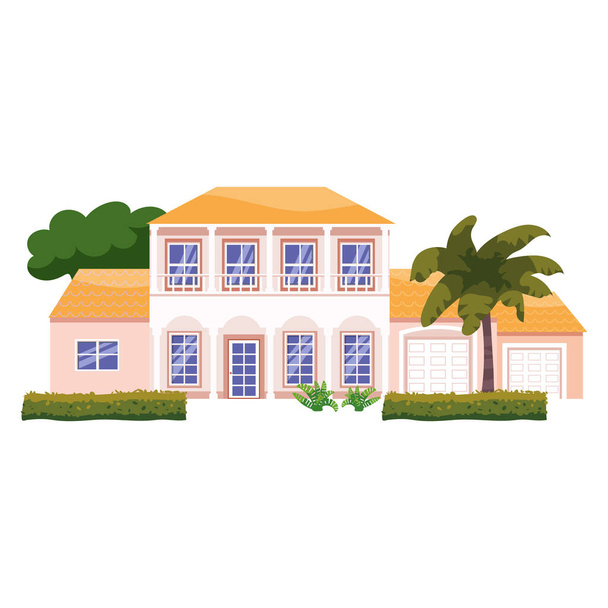 Budova obytného domu, tropické stromy, palmy. Dům vnější fasády pohled zepředu architektura rodinný dům nebo apartmány, vila. Předměstský majetek - Vektor, obrázek
