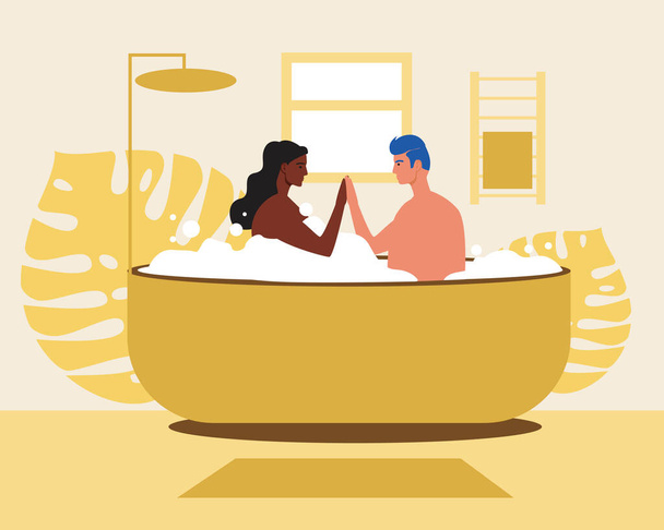 風呂の中の多文化カップル。フラットベクトルストックイラスト。自宅で泡風呂。恋のカップル。家庭でのロマンス。彼氏と一緒にアフロ女性。ベクトルグラフィックス - ベクター画像