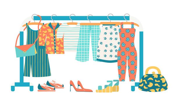 Racks with clothes on hangers. T-shirt, sundress, skirt, shirt, overalls and culottes in trendy color. Sneakers, shoes, sandals and bags. Flat vector illustration, isolated on a white - Vector, Image