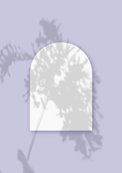 Mockup con ombre vegetali sovrapposte su un foglio a forma di arco di carta bianca strutturata su uno sfondo di tavolo viola. Orientamento verticale - Foto, immagini