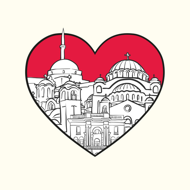 Ich liebe Belgrad. Rotes Herz und berühmte Gebäude, Serbien Komposition. Handgezeichnete schwarz-weiße Vektorillustration. Gruppierte und bewegliche Objekte. - Vektor, Bild