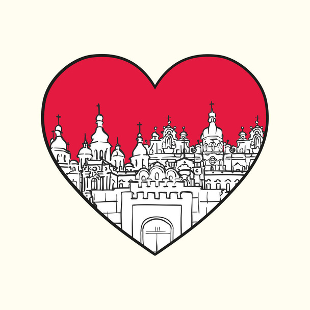 Szeretem Kijevet. Vörös szív és híres épületek, Ukrajna Összetétel. Kézzel rajzolt fekete-fehér vektor illusztráció. Csoportosított és mozgatható tárgyak. - Vektor, kép