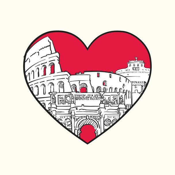Szeretem Rómát. Piros szív és híres épületek, Olaszország Összetétel. Kézzel rajzolt fekete-fehér vektor illusztráció. Csoportosított és mozgatható tárgyak. - Vektor, kép