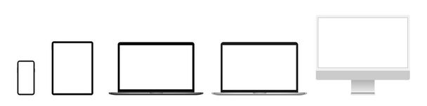 Dispositivo de pantalla en blanco maqueta. PC realista ordenador, ordenador portátil, tableta, teléfono móvil se burlan. Vector aislado - Vector, imagen