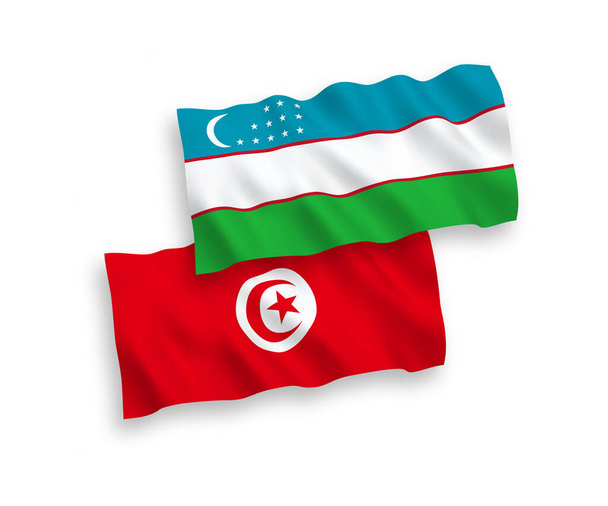 Narodowe flagi tkanin wektorowych Republiki Tunezji i Uzbekistanu odizolowane na białym tle. Proporcja 1 do 2. - Wektor, obraz