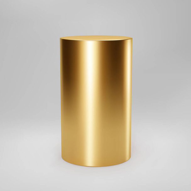 Gold 3d cylinder front view with perspective isolated on grey background. Cylinder pillar, golden pipe, museum stage, pedestal or product podium. 3d basic geometric shape vector - Vetor, Imagem