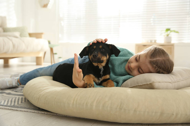 Little girl with cute puppy lying on soft pillow at home - Foto, immagini