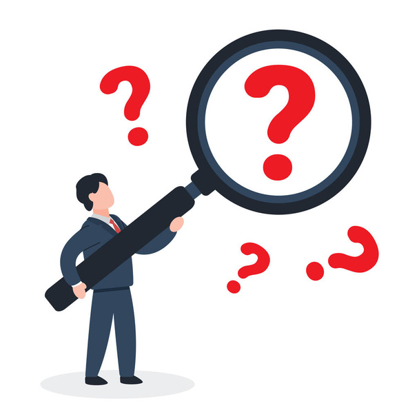 Businessman holding a magnifying glass over red question mark. Creative concept idea of searching answer. Suspicion and Curious. Simple trendy cute vector illustration. Modern flat style graphic icon. - Vector, Image
