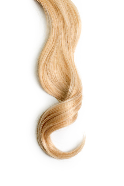 Кудрявые светлые волосы выделены на белом фоне. Здоровые длинные волосы, стрижка, прическа. Крашеные волосы или окраска, наращивание волос, лечение, концепция лечения - Фото, изображение