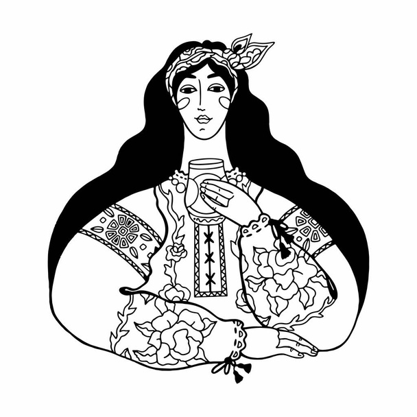 Illustrazione vettoriale di una ragazza con i capelli lunghi in una camicia etnica ricamata. Illustrazione in bianco e nero, line art, contorno isolato su sfondo bianco.  - Vettoriali, immagini