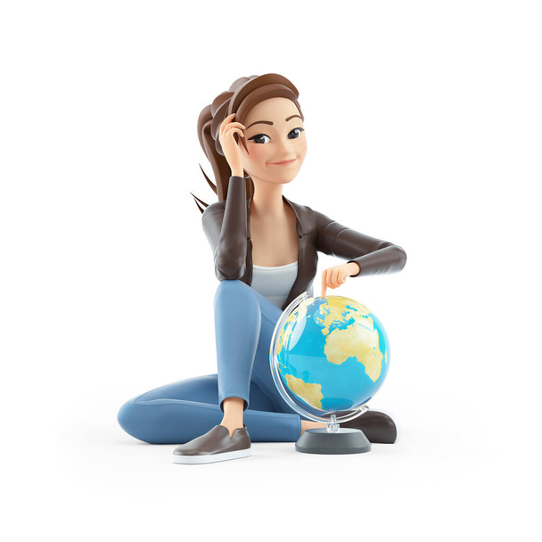 3d mujer de dibujos animados sentado en el suelo con globo terrestre, ilustración aislada sobre fondo blanco - Foto, Imagen