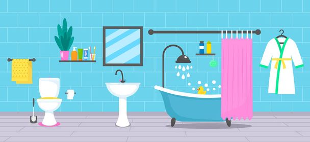 Moderni kylpyhuoneen muotoilu kylpyammeella, pesualtaalla, hanalla, kylpytakilla, wc: llä ja kehon lisävarusteilla. vektorikuvaus - Vektori, kuva