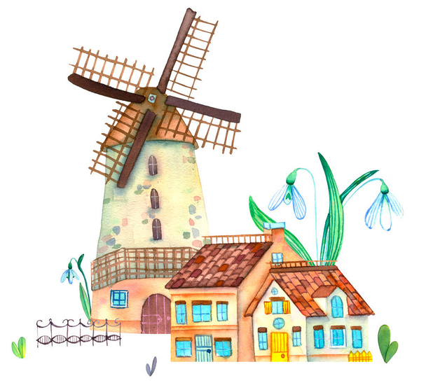Aquarel huis met een molen en een hek. Met sneeuwklokjes en tulpen. Aquarelillustraties voor uw ontwerp - wenskaarten, uitnodigingen, stickers, textiel en andere decoraties. - Foto, afbeelding