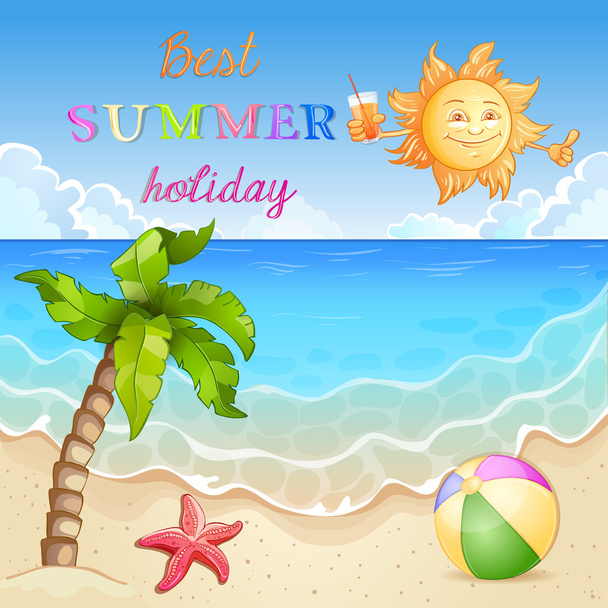 Ilustración de playa de verano con sol feliz y palmera
. - Vector, Imagen