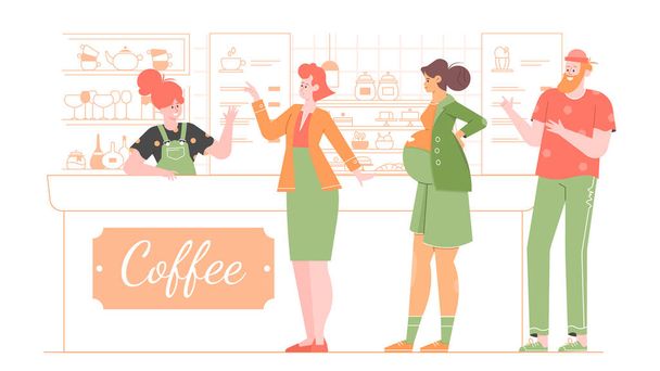 Queue of people in the coffee shop. Businesswoman, man and pregnant woman.  - Vector, Image