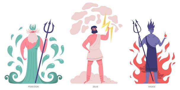 Ancient greek gods. Olympic greek main powerful gods, zeus, poseidon and hades. Greek ancient mythology gods vector illustration set - Vector, Image