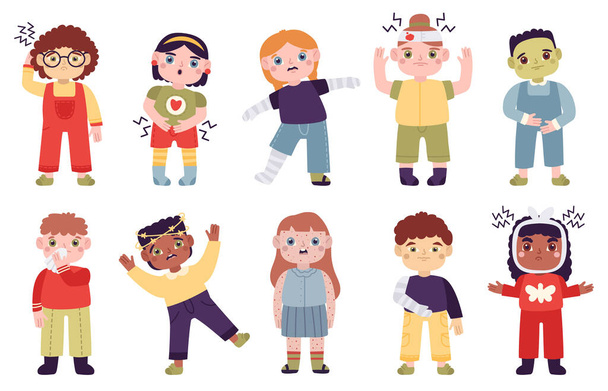 Sick children. Little kids with disease symptoms, headache, abdominal pain, runny nose and rashes vector illustration set. Sad sick children characters - Vector, Image