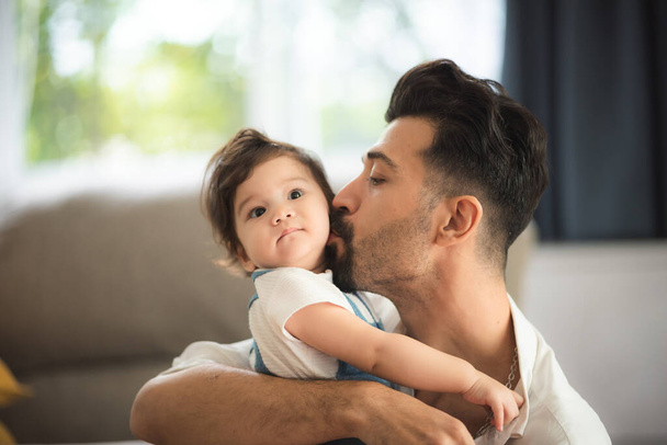 father's day concept, father and child son family living with love together at home, happy day childhood in fathers day lifestyle concept of fatherhood in holiday - Fotó, kép