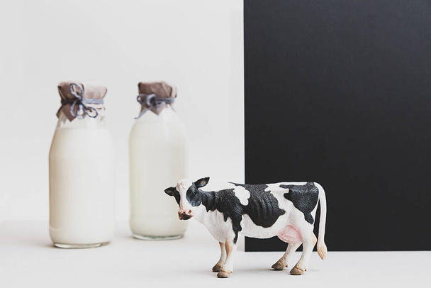 新鮮な牛乳のボトル、黒と白の背景に牛の置物。牛乳の最小限の静物、コピースペース. - 写真・画像