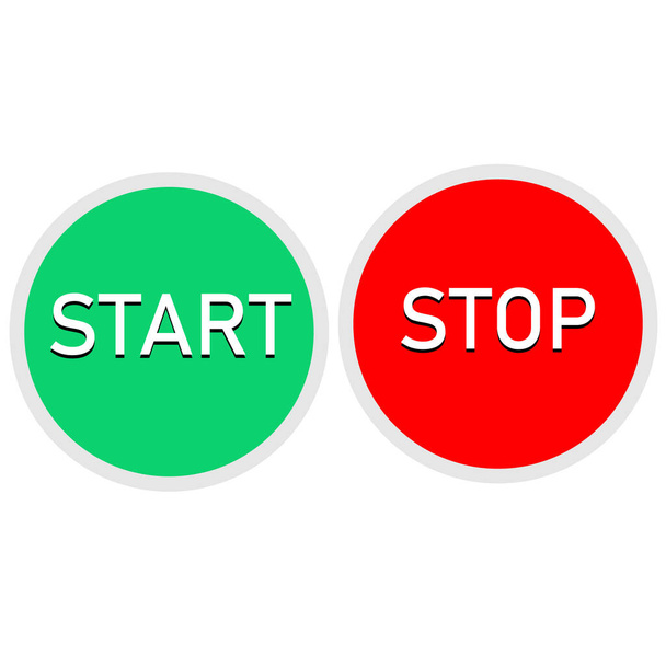 czerwony i zielony przycisk na białym tle. przycisk start i stop ustawiony. okrągłe przyciski internetowe. - Wektor, obraz