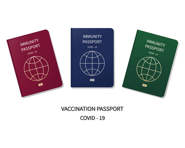 予防接種パスポート。コロナウイルス免疫記号記号。covid中のワクチン証明書. - ベクター画像