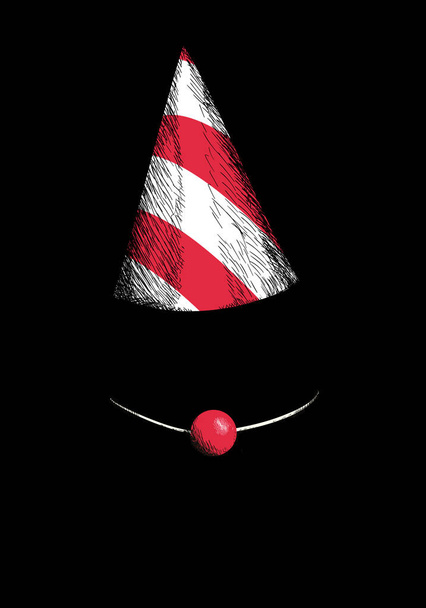 векторная иллюстрация бумажной шляпы и клоунского носа на темном фоне. - Вектор,изображение