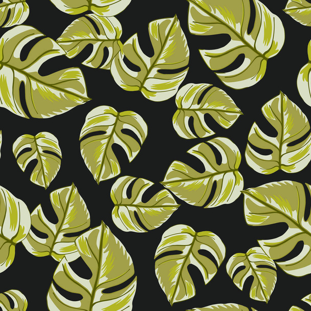 Abstract seamless pattern with pale green hand drawn monsera leaf ornament. Black background. Random print. Great for fabric design, textile print, wrapping, cover. Vector illustration. - Vektor, Bild