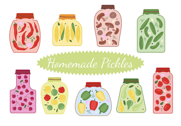 Um conjunto de pickles caseiros em frascos. Comida orgânica natural. Produtos agrícolas. Ilustração vetorial - Vetor, Imagem