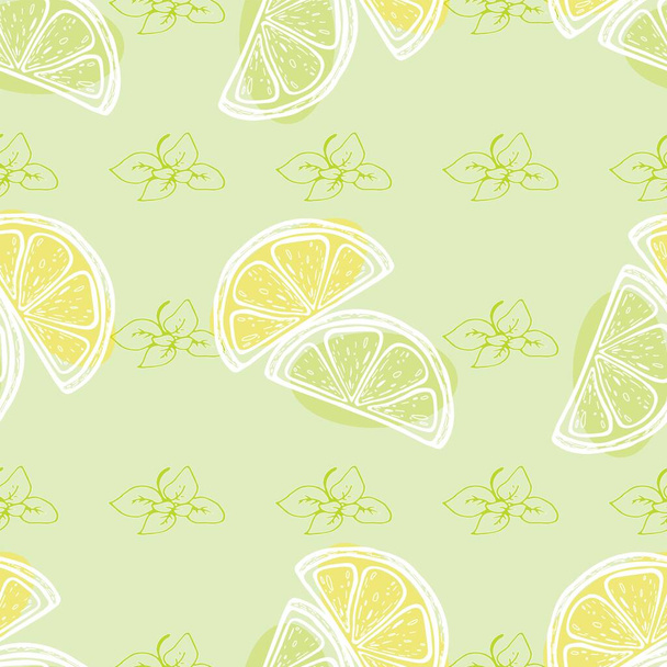 Бесшовный рисунок с лимонами и базиликом. Шаблон для печати на ткани, бумаге, обоях. Может использоваться для сбора одежды, брендинга, упаковки, украшения интерьера, скрэпбукинга - Вектор,изображение