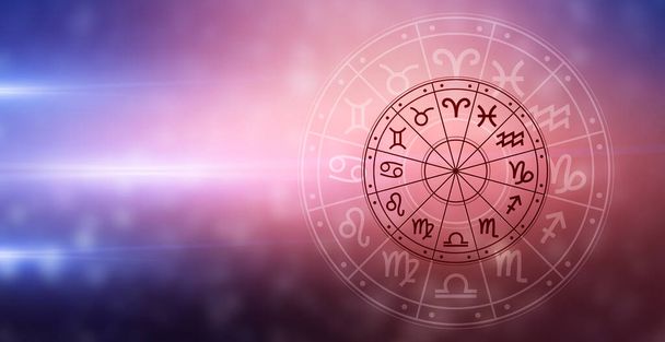 Zodiac signs inside of horoscope circle. Astrology in the sky with many stars and moons  astrology and horoscopes concept - Photo, Image