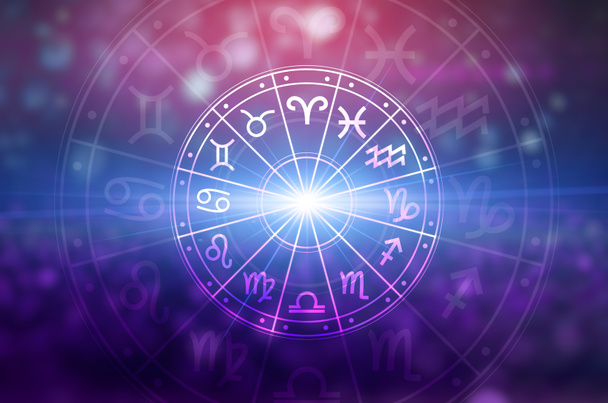 Zodiac signs inside of horoscope circle. Astrology in the sky with many stars and moons  astrology and horoscopes concept - Photo, Image