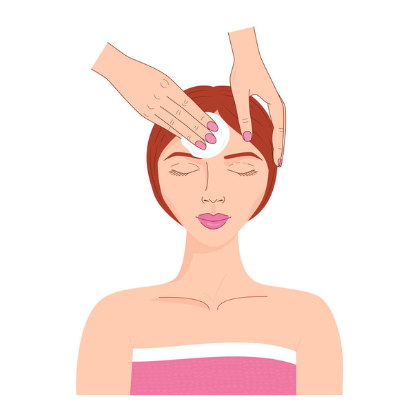 Beautician cleans the face of a young woman with cotton pad. Beauty concept. Stages of skincare. Girl receiving spa treatments. The face on a white background. Vector illustration. - Vector, Image