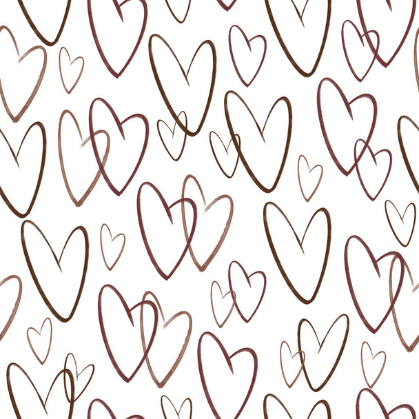 Watercolor seamless background with brown hearts. Heand drawn abstract elements. - 写真・画像