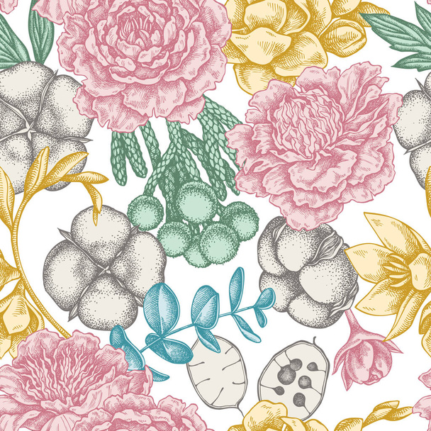 Seamless pattern with hand drawn pastel ficus, eucalyptus, peony, cotton, freesia, brunia - Vetor, Imagem