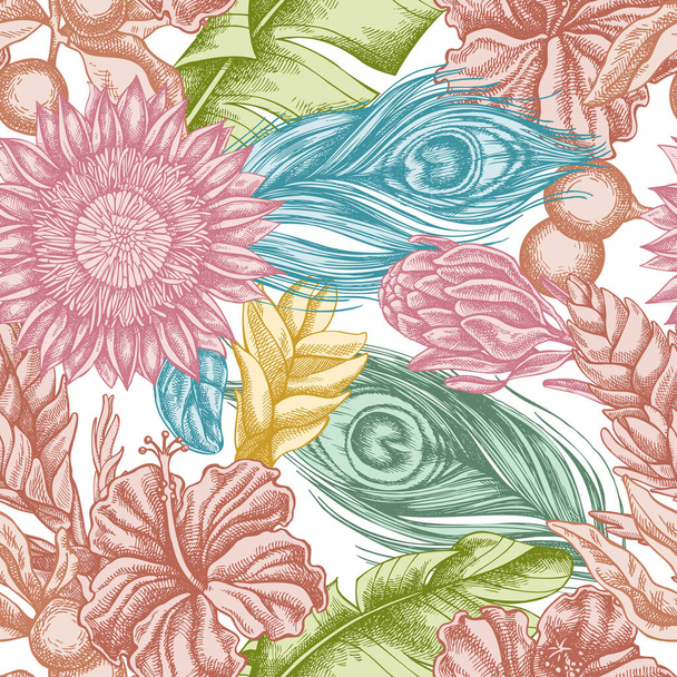 Seamless pattern with hand drawn pastel banana palm leaves, hibiscus, solanum, bromeliad, peacock feathers, protea - Vettoriali, immagini