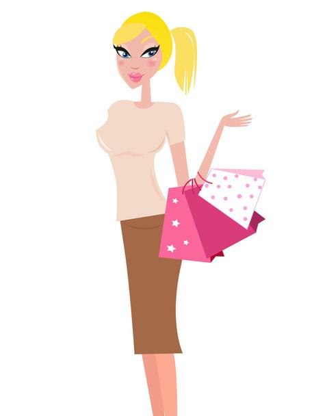 Mujer de compras que lleva bolsas de compras - aislado en blanco
 - Vector, imagen