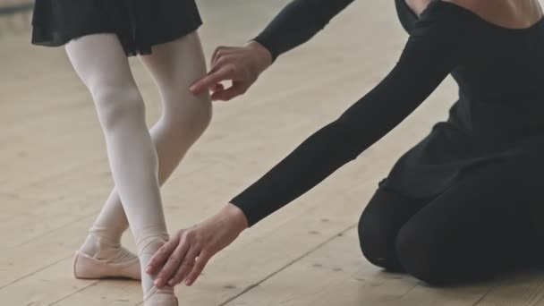 Kallistus-up laukaus vähän ahkera tyttö oppia tanssimaan balettia avulla ammatillinen naisten kouluttaja harjoitellaan baletti poseeraa tanssistudiossa - Materiaali, video