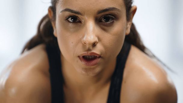close up of sweaty sportswoman working out in gym  - 写真・画像