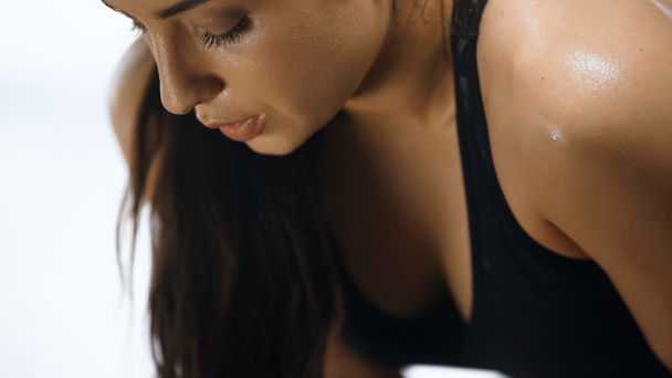 close up of sweaty sportswoman working out in gym  - Fotoğraf, Görsel