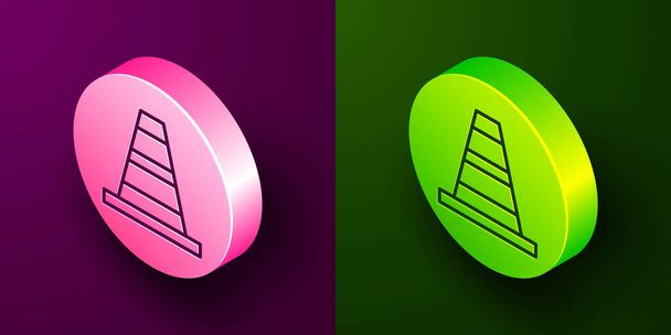 Isometric line Traffic cone icon isolated on purple and green background. Circle button. Vector. - Vector, Image