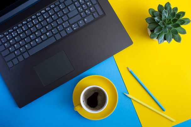 ノートパソコン、コーヒーカップ、サボテンや色の背景に鉛筆でオフィスデスクのトップビュー。ワークスペースデスクのフラットレイアウト. - 写真・画像