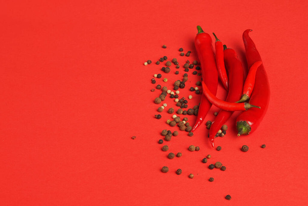 Food and spices. Red chili pepper and pepper pot on red background. - Фото, зображення