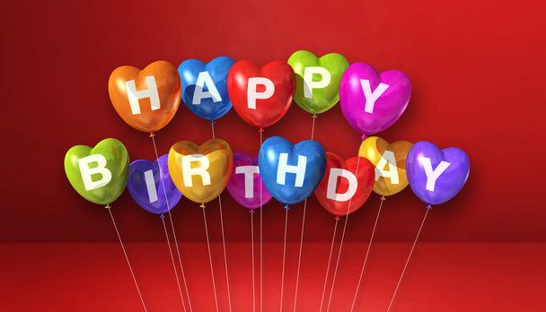 Colorful happy birthday heart shape air balloons on a red background scene. Horizontal Banner. 3D illustration render - Fotó, kép
